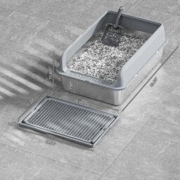 London Boutique Stainless Steel Cat Litter Box, 60X40X30Cm High Sided Litter Tray, Enclosed Metal Design, Scoop And Mat, Grey - thumbnail 2