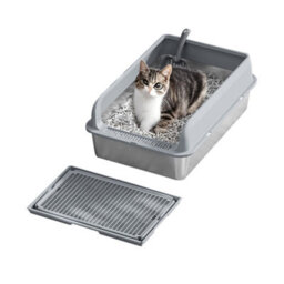 London Boutique Stainless Steel Cat Litter Box, 60X40X30Cm High Sided Litter Tray, Enclosed Metal Design, Scoop And Mat, Grey