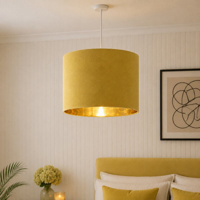 CGC Lighting Cgc Nila Luxury Mustard Yellow Velvet & Gold Inner Round Pendant Drum Lamp Shade - image 1