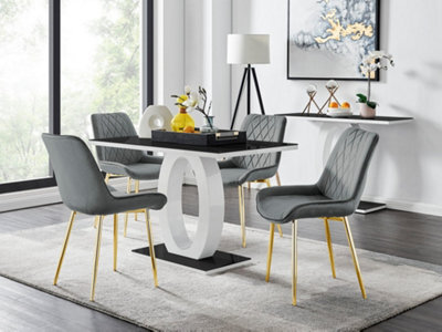 Furniturebox Giovani Rectangular 4 Seat White High Gloss Unique Halo Base Dining Table Black Glass Top 4 Grey Velvet Gold Leg Pesaro Chairs - image 1