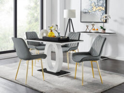 Furniturebox Giovani Rectangular 4 Seat White High Gloss Unique Halo Base Dining Table Black Glass Top 4 Grey Velvet Gold Leg Pesaro Chairs