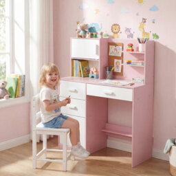 Gainoom Kids Pink Desk And Chair Set Wooden Children Writing Table Student Computer Workstation - thumbnail 4