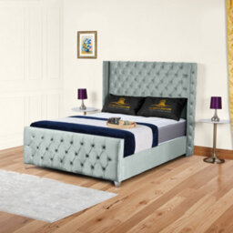 UKBEDFURNITURE Windsor Wingback Grey Plush Valvet Upholstered Bed Frame Only - Slatted Base - 48 Inch Headboard - thumbnail 1