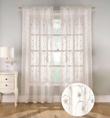 Tyrone Textiles Pair Of Belle Cream Sheer Floral Embroidery Voile Panels With Rod Pocket Header 183 Cms - image 1