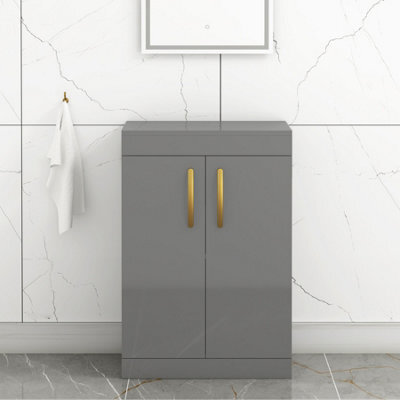 Royal Bathrooms Turin 600mm Indigo Grey Gloss Floor Standing Worktop Vanity Unit - 2 Doors With Brushed Brass Handle - image 1