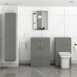 Royal Bathrooms Turin 600mm Indigo Grey Gloss Floor Standing Worktop Vanity Unit - 2 Doors With Brushed Brass Handle - thumbnail 2