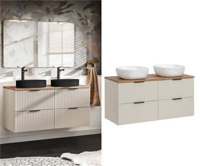 Impact Furniture Double Vanity Unit With Basins 1200mm Bathroom Beige Sink Cabinet Fluted Drawer Oak Effect Countertop Wall Mounted Adel - image 1