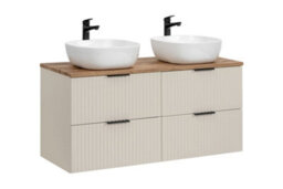 Impact Furniture Double Vanity Unit With Basins 1200mm Bathroom Beige Sink Cabinet Fluted Drawer Oak Effect Countertop Wall Mounted Adel - thumbnail 4