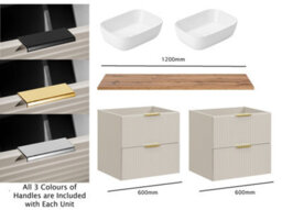 Impact Furniture Double Vanity Unit With Basins 1200mm Bathroom Beige Sink Cabinet Fluted Drawer Oak Effect Countertop Wall Mounted Adel - thumbnail 2