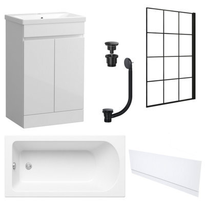 FNX Bathrooms Waterproof 600mm Vanity Unit With Single Ended Bath, Gloss White Front Panel, Matt Black Screen, Bath & Universal Basin Waste - image 1