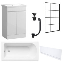 FNX Bathrooms Waterproof 600mm Vanity Unit With Single Ended Bath, Gloss White Front Panel, Matt Black Screen, Bath & Universal Basin Waste - thumbnail 1
