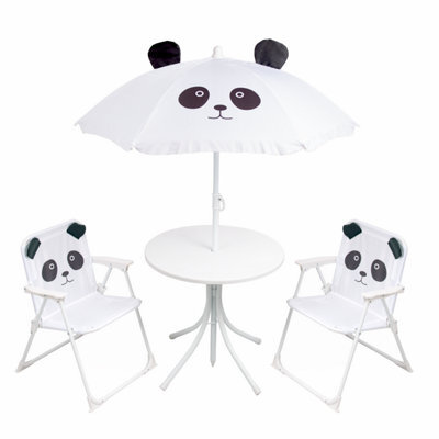 Relsy Kids Outdoor Patio Set Black & White Panda Design: Table, 2X Chairs, Parasol - Garden Furniture For Children - image 1