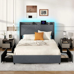 King Size 5Ft Bed Frame Upholstered Platform Bed With Led Lights - thumbnail 4
