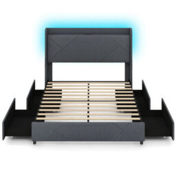 King Size 5Ft Bed Frame Upholstered Platform Bed With Led Lights - thumbnail 1