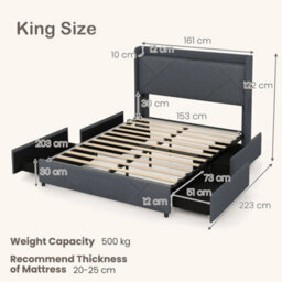 King Size 5Ft Bed Frame Upholstered Platform Bed With Led Lights - thumbnail 2