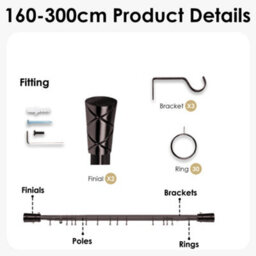 Oxford Homeware Satin Black Nickel Effect Extendable Curtain Pole With Metal Cylinder Finials, (L)1600mm-3000mm (Dia) 28mm - thumbnail 4