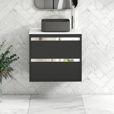 Royal Bathrooms Orion 600mm Matt Obsidian Black Wall Hung Plain White Countertop Vanity Unit 2 Drawer With Art Square Basin & Chrome Accent Trim - image 1