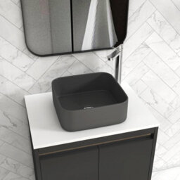 Royal Bathrooms Orion 600mm Matt Obsidian Black Wall Hung Plain White Countertop Vanity Unit 2 Drawer With Art Square Basin & Chrome Accent Trim - thumbnail 5
