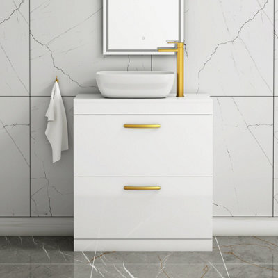 Royal Bathrooms 800mm Floor Standing Vanity Unit 2 Drawer Gloss White & Countertop Basin - Elva With Brushed Brass Handle - image 1