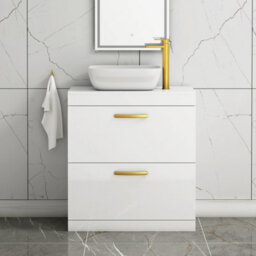 Royal Bathrooms 800mm Floor Standing Vanity Unit 2 Drawer Gloss White & Countertop Basin - Elva With Brushed Brass Handle