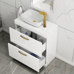 Royal Bathrooms 800mm Floor Standing Vanity Unit 2 Drawer Gloss White & Countertop Basin - Elva With Brushed Brass Handle - thumbnail 3