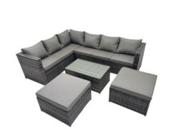 Fimous Outdoor Rattan Rectangular Coffee Table Corner Sofa Sets Garden Furniture Set With 2 Big Stools Dark Grey Mixed - thumbnail 1
