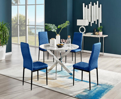 Furniturebox Uk Novara White Marble Round Dining Table & 4 Navy Velvet Milan Black Leg Chairs - image 1