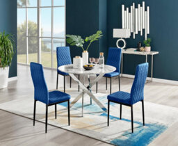 Furniturebox Uk Novara White Marble Round Dining Table & 4 Navy Velvet Milan Black Leg Chairs