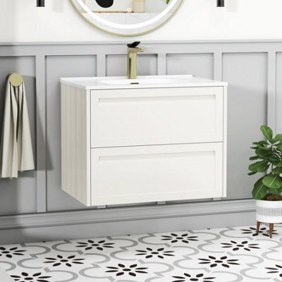 Royal Bathrooms Elmore 700mm Traditional Wall Hung 2 Drawer Cabinet Bathroom Vanity Unit With Ceramic Basin Sink - Classic White - image 1
