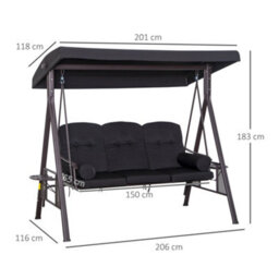 Outsunny 3 Seater Garden Swing Chair Patio Swing Bench W/ Cup Trays Black - thumbnail 3