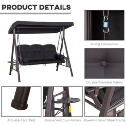 Outsunny 3 Seater Garden Swing Chair Patio Swing Bench W/ Cup Trays Black - thumbnail 5