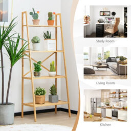 Costway 4-Tier Ladder Shelf Bamboo Bookshelf Bookcase Storage Organizer Plant Stand - thumbnail 6