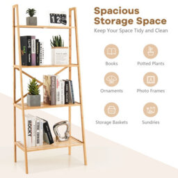 Costway 4-Tier Ladder Shelf Bamboo Bookshelf Bookcase Storage Organizer Plant Stand - thumbnail 5