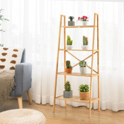 Costway 4-Tier Ladder Shelf Bamboo Bookshelf Bookcase Storage Organizer Plant Stand - thumbnail 1