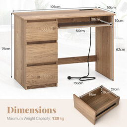 Costway Computer Desk W/ Power Outlet & Keyboard Tray 106 X 50 Cm Natural - thumbnail 3