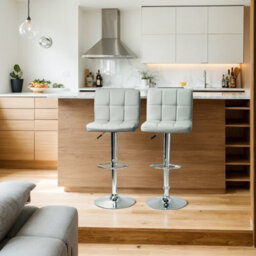 Gr8 Home Set Of 2 Light Grey Faux Leather Swivel Chairs Breakfast Bar Stool Chrome Gas Lift - thumbnail 7
