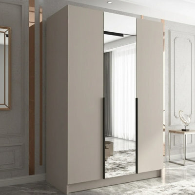 Calia Ii Minimalist Three Door Wardrobe With Mirror Cashmere With Black Handles - image 1