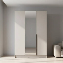 Calia Ii Minimalist Three Door Wardrobe With Mirror Cashmere With Black Handles - thumbnail 2