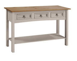 Mercers Furniture Corona Grey Wax 3 Drawer Console Table 1 Shelf Hallway Side Unit Solid Pine With Mexican Styling - thumbnail 2