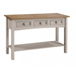 Mercers Furniture Corona Grey Wax 3 Drawer Console Table 1 Shelf Hallway Side Unit Solid Pine With Mexican Styling - thumbnail 1