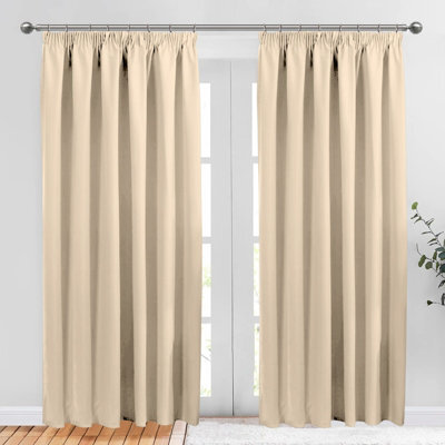 Aspire Homeware Cream Plain Blackout Curtains Room Darkening  Pencil Pleat Curtain Pair (W) 168Cm X (D)228Cm With Tie Back Pair
