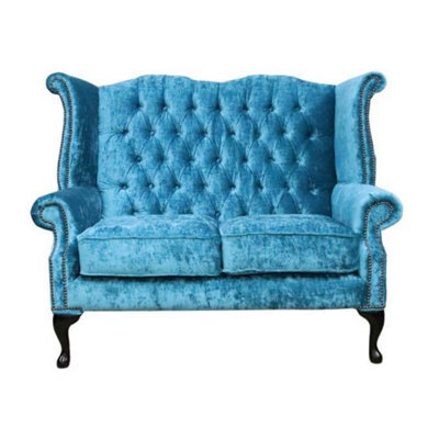 Chesterfield 2 Seater High Back Sofa Modena Peacock Blue Velvet Fabric In Queen Anne Style - image 1