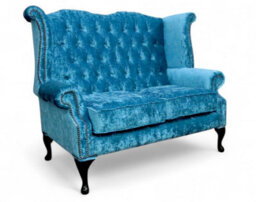 Chesterfield 2 Seater High Back Sofa Modena Peacock Blue Velvet Fabric In Queen Anne Style - thumbnail 3