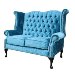 Chesterfield 2 Seater High Back Sofa Modena Peacock Blue Velvet Fabric In Queen Anne Style - thumbnail 2