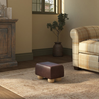 Chestnut Brown Natural Wood Bun Feet Italian Leather Small Footstool Handmade Uk By Footstools Direct - image 1