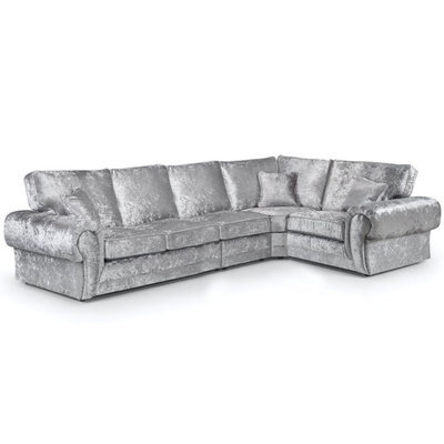 Furnishings For Less UK Chelsea Silver Crushed Velvet Long 5 Seater Large Corner Sofa 3 Corner 1 Rolled Arms