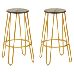 Orsina Set Of 3 Gold Frame Bar Table Stool Set , Hairpin Stool For Kitchen Counter, Elm Wood Metal Frame Stool - thumbnail 3
