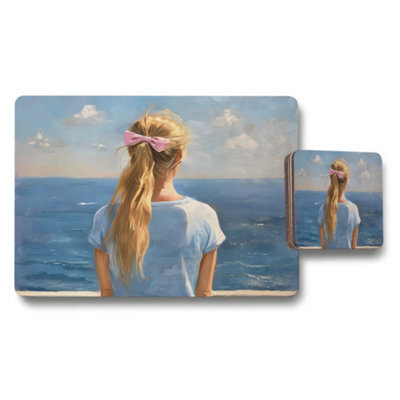 Benjamin Tate Design Sea View Girl With Pink Bow Placemat And Coaster Set - image 1