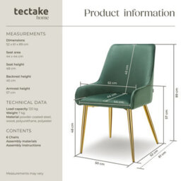 Tectake Set Of 6 Dining Chair Avane - Velvet Look, Padded Armchair, High Backrest And Armrests  - Green - thumbnail 6