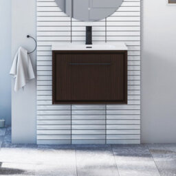 Royal Bathrooms Livora 600mm Walnut Woodgrain Wall Hung Bathroom Vanity Unit 1 Drawer With Ceramic Basin & Matt Black Handle